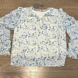 Sugarlips Medium Cream & Blue Floral Blouse with Ruffle Accents